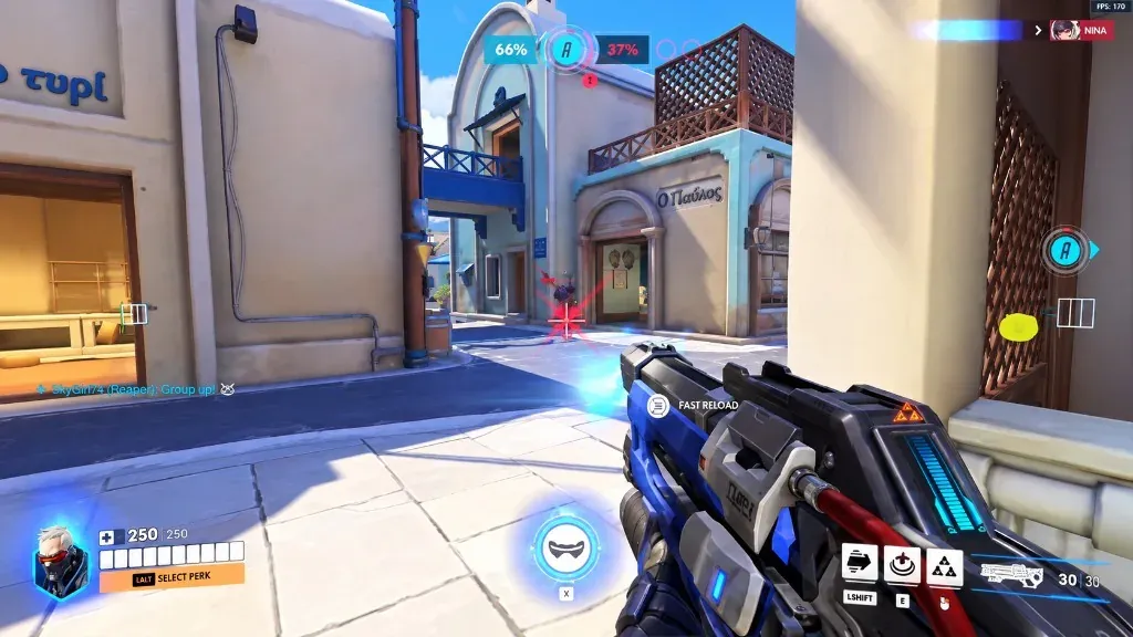 Soldier: 76 on Ilios with a circular hitbox highlight on a distant enemy.