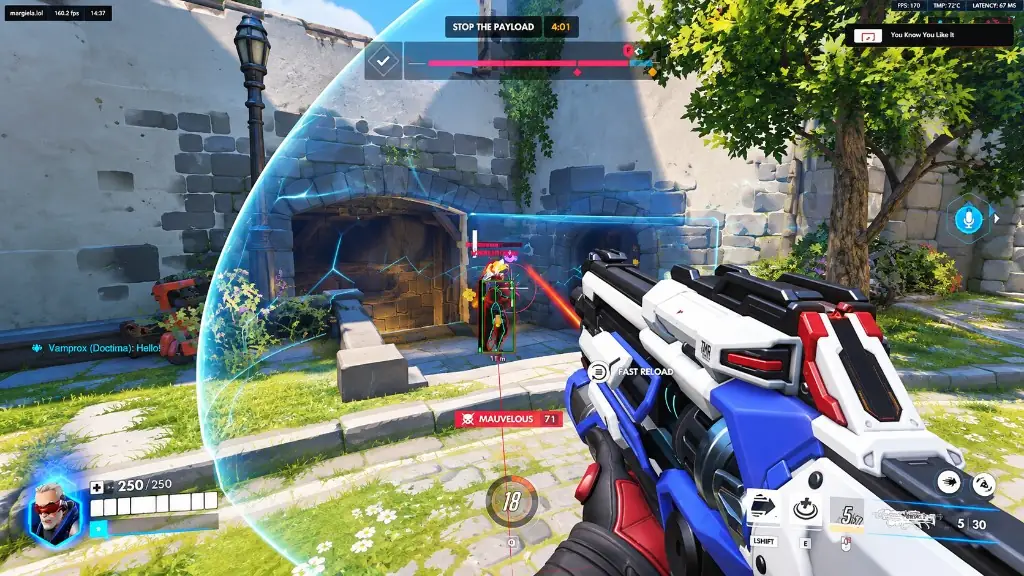 Soldier: 76 firing through a barrier with a boxed enemy and an aim line on target.